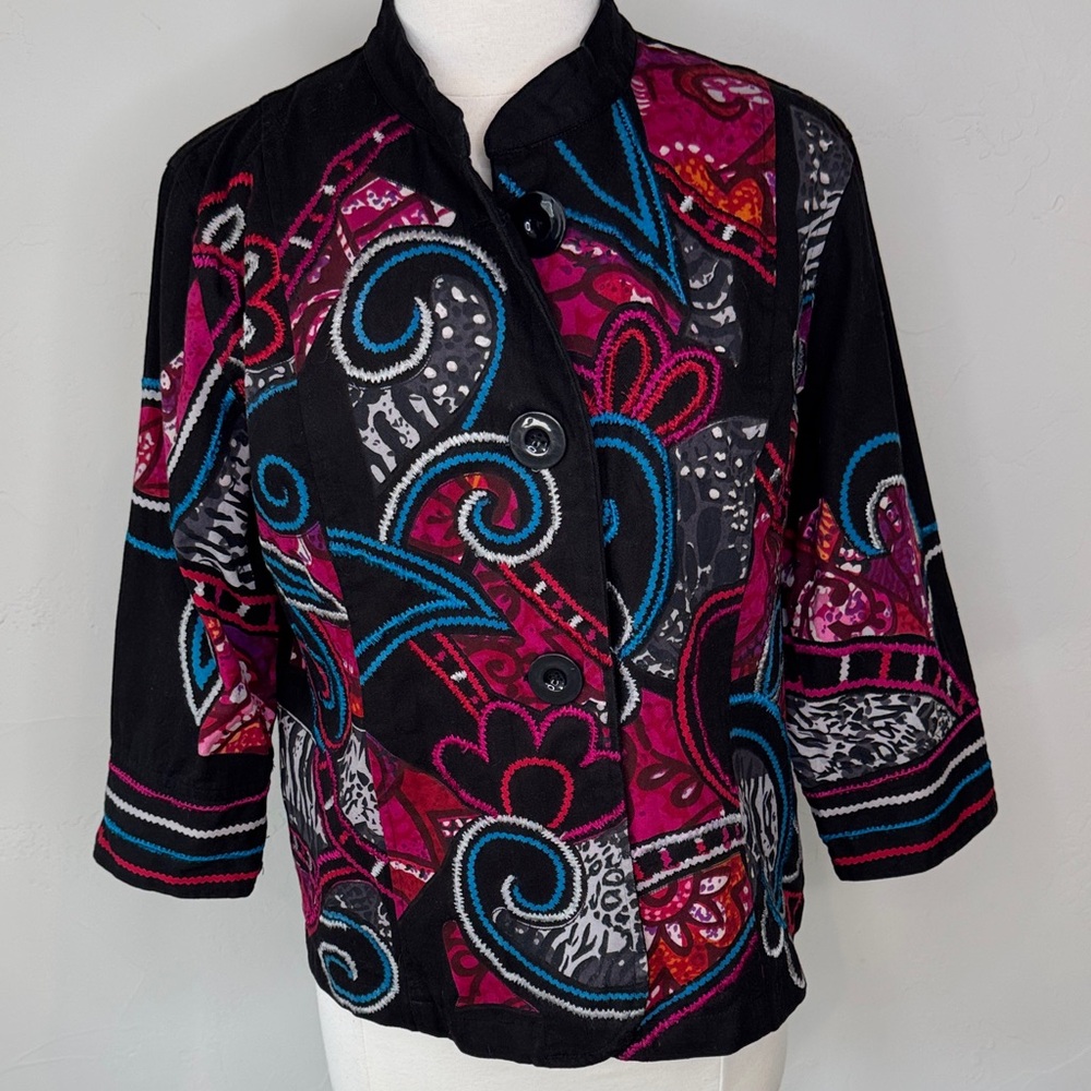 Choices Black Multicolor Design Big Button Front Close Jacket